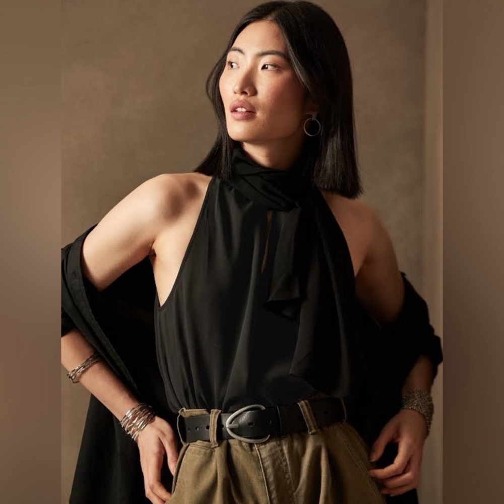 A.L.C Black 100% Silk Neck Tie Halter Blouse